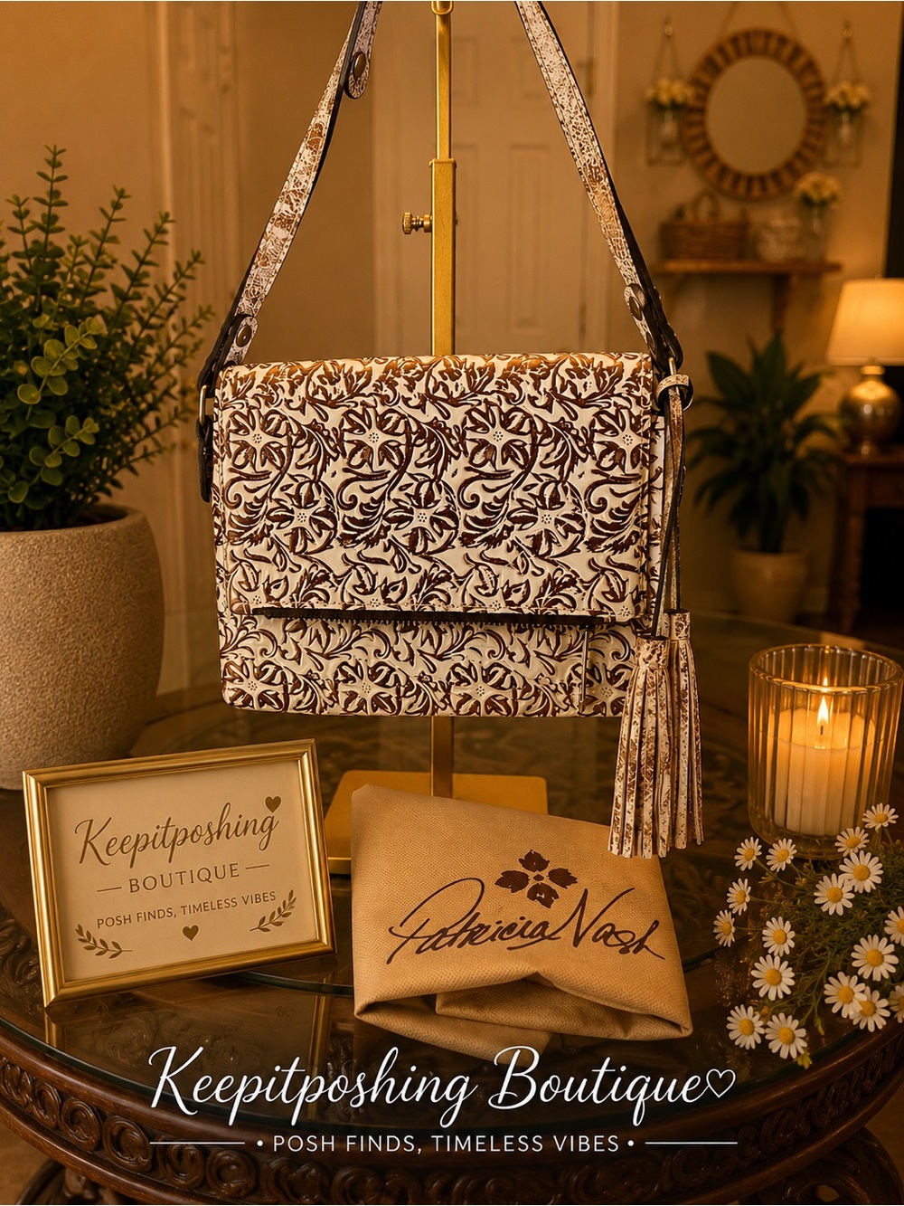 Patricia Nash Cream and Brown Floral Leather Crossbody with Tassel